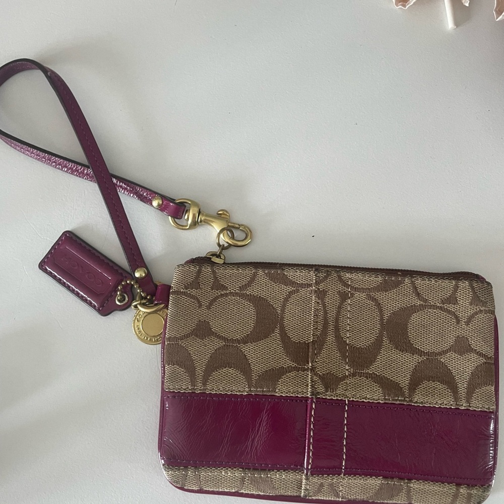 Coach Purple and Tan Wristlet Clutch